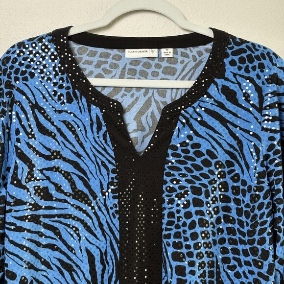 Susan Graver Liquid Knit Tunic Top Size M Blue Animal Print Sparkles 3/4 Sleeve - Picture 2 of 13